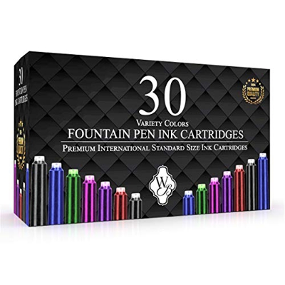 Wordsworth & Black 30 Pack - Cartuchos de tinta para pluma estilográfica - Variedad de colores - Tamaño estándar internacional - Longitud aprox. 5,2cm