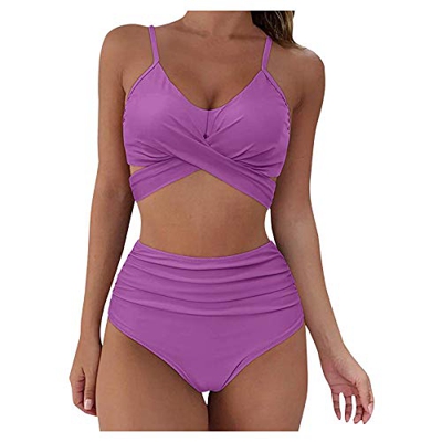 LSEEKA Traje de baño de cintura alta para mujer, traje de baño vintage con correa de color sólido, bikini dividido, vendaje de cintura alta, traje de 