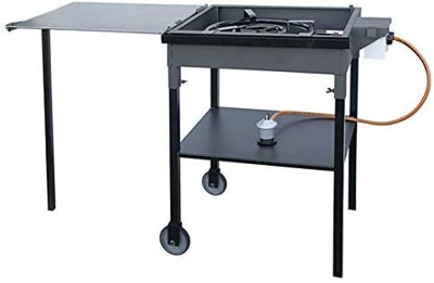 Barbacoa de Gas con Plancha de Acero Inoxidable Plegable | Asador Portátil con Ruedas en las Patas | Incluye Paellero Vitrificado de 300mms, Regulador
