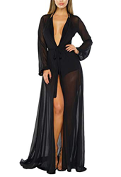Viottiset Traje de baño Sexy de Malla Fina de Manga Larga con Lazo Frontal, para la Playa, Vestido Maxi para Mujer, Color Negro características
