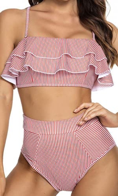 heekpek Bikini con Volantes a Rayas Top Palabra de Honor Relleno Braga Talle Alto para Mujer