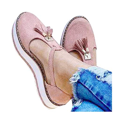 Ghemdilmn Sandalias para mujer, planas, de lona, para verano, con dedos cerrados, redondas, para la playa, elegantes, con borlas, color Rosa, talla 40