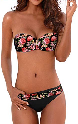 EUDOLAH Bikini Push Up Mujer Chica con Capestro Sets Traje de Baño Retorcido Linda para Piscina Playa Z-Z 1 Flores,S