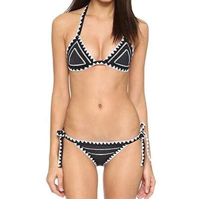 DELEY Mujeres V Cuello Ganchillo Halter Moda Bikini Triangulo Bohemio Estilo Traje De Baño Playa Trikini Swimwear Swimsuit Negro B Tamaño S