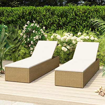 Atlojoys Tumbona, Chaise Longue con Cojines, para Exterior Jardín Patio Terraza, de ratán sintético marrón y Blanco Crema