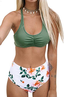 CUPSHE Conjunto de Bikini Fruncido Delantero Braguita Estampada, Verde, M