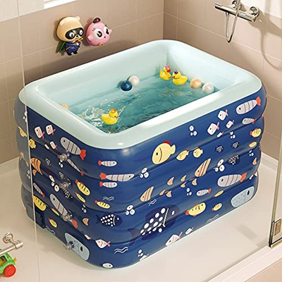 Bañera Hinchable Plegable, Mini Piscina Portátil Bebé, Bañera de SPA para Ducha, Azul, 120×90×75 cm