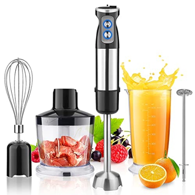 Batidora de inmersión 6 en 1 1000 W Minipimer con 500 ml Picadora 600 ml Taza mezcladora Cocina con acero inoxidable 304 Turbo 12 velocidades Batidora