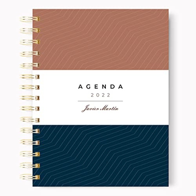 Agenda 2022 día por página personalizada anual | Agenda A5 2022 interior verde-gris | Agenda hombre con elegante diseño de portada en azul, marrón ide