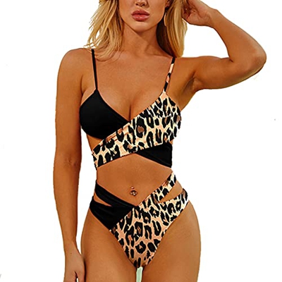Bikinis de Costura de Color para Mujer, Traje de Baño con Doble Frontal Cruzada Delantera Sexy Bañador de Bikini Halter Push Up Nuevo Ropa con Incisió