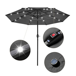 DRSM Sombrilla de terraza de 9 pies, 3 Capas, 24 Leds, sombrilla de Playa, sombrilla portátil para Exteriores, Poste de Aluminio inclinable, sombrilla en oferta