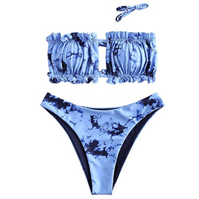 ZAFUL Conjunto de Bikini para Mujer，Traje de baño de Bikini con Estampado Animal con Volantes y Lazo