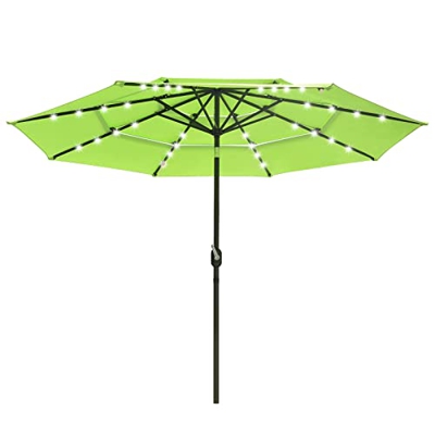 DRSM Sombrilla de Patio de 10 pies, 3 Niveles, 32 LED, con Ajuste de inclinación y Sistema de elevación por manivela, Ideal para jardín al Aire Libre,