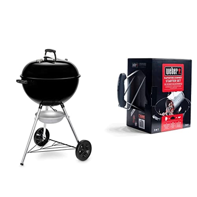 Weber E-5710 Barbacoa (Barbacoa, Carbón vegetal, 2342 cm², 57 cm, Carro, Parrilla) + 17631 Set Chimenea con briquetas Encendido Blancas, Inox, 2 kg / 