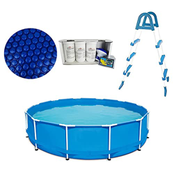 Well2wellness Framepool Frameschwimmbecken Swing Azul 3.66m X 91cm (12 ' X 36") Plus Piscina De Película Solar Ø 3,05 M + Escalerilla para 3+3 Escalon en oferta