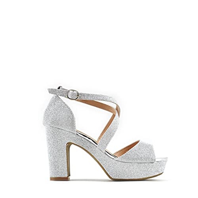 Modelisa - Sandalia Tacón Ancho Brillo Con Plataforma Tiras Cruzadas Punta Abierta Fiesta Mujer (Plata, numeric_39)