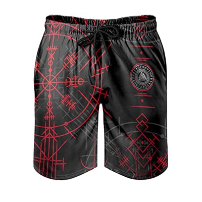 kikomia Pantalones cortos de playa con runas escandinavas, estampado vikingo, cómodo traje de baño con bolsillos y forro de malla