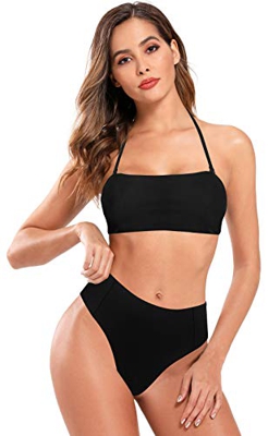 SHEKINI Mujer Traje de Baño de Dos Piezas Bandeau Bikini Top Ajustable con Acolchado Elegante Clásico Bikini Sets de Playa（M,Negro G）