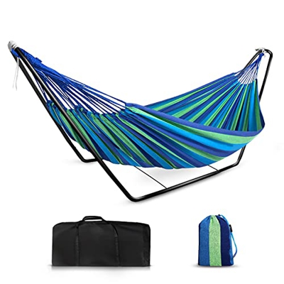 Hamaca con estructura, 200 x 150 cm, para exterior, interior, jardín, camping, viajes, senderismo, color azul