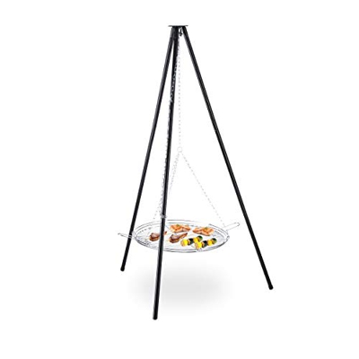 Relaxdays Schwenkgrill Barbacoa giratoria, Parrilla de 52 cm, Acero, Cadena, Altura Regulable, trípode de 151 x 100 cm, Color Negro y Plateado