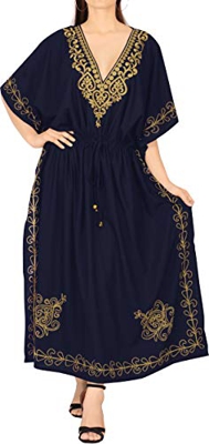 LA LEELA Mujeres caftán Rayón túnica 3D HD Impreso Kimono Libre tamaño Largo Abaya Vestido Jalabiyas de Fiesta para Loungewear Ropa de Dormir Playa To
