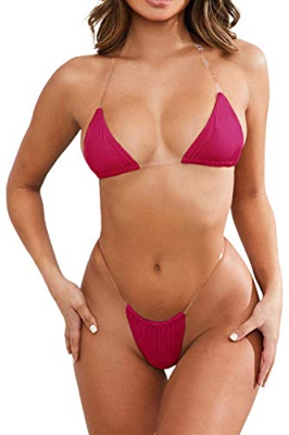 Micro Bikini Set 2 Piezas Mujer Traje de Baño Triángulo Sujetador con Correas Transparentes + Tanga de Cintura Baja Elegante Sexy para Playa Mar (Bord