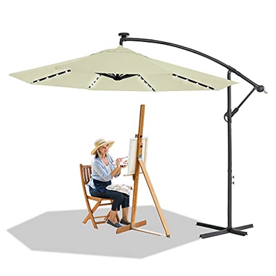 HENGMEI Ø 300cm Sombrilla Parasol Mástil de Aluminio y 100% Poliester Tela protección UV 40 + y Impermeable con Solar LED Sombrilla de Jardin, Terraza