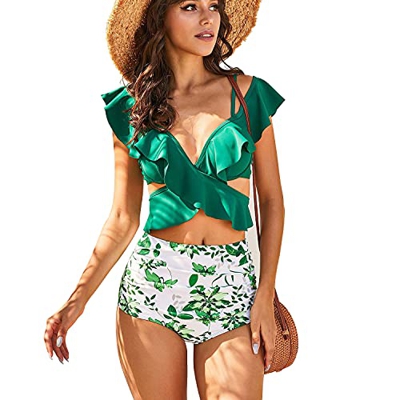 Bikinis Mujer Acolchadas Sexy Floral con Cordones de Impresión Sin Espalda Bikini Halter Una Pieza de Baño, con Volantes Top Bikini Push Up Flores Bra