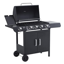 Outsunny Barbacoa de Gas con 4+1 Quemadores 14,4 KW Mesas Laterales Armario de Almacenaje Termómetro y 2 Ruedas Acero Inoxidable BBQ 125x51x100 cm Neg en oferta