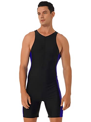 YOOJIA Hombres Bañador de Una Pieza con Pantalones Cortos Mono de Natación para Playa Piscina Moda Traje de Baño Mono Deportivo Negro&Azul L