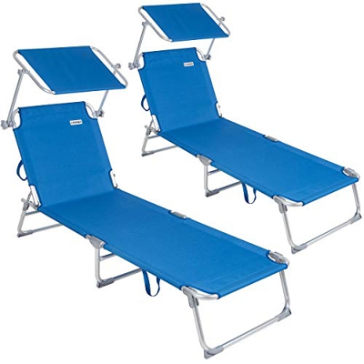 CASARIA 2X Sillas largas Ibiza Plegable con Visera de poliéster Color Azul fácil de Transportar Playa Exterior