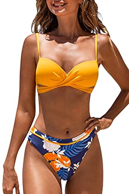 CUPSHE Conjunto de Bikini para Mujer Estampado Floral Twist Front Traje de Baño de Dos Piezas, S