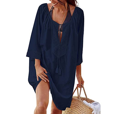 heekpek Vestido de Playa Suelto Camisola y Pareo para Cubrir Bikini Traje de Baño Muje(Armada)