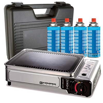 Plancha de gas portátil 2300 W Kemper placa antiadherente + 4 cartuchos de gas para camping