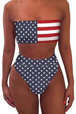 Viottiset Conjunto de bikini bandeau sin tirantes para mujer, traje de baño de cintura alta, estilo impreso S
