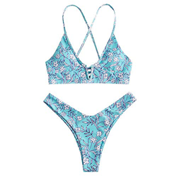 ZAFUL Bikini para mujer, diseño de flores, cintura baja, nudo delantero, 2 unidades azul L en oferta