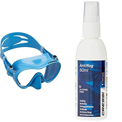 Cressi F1 Mask Máscara Monocristal Tecnología Frameless, Unisex, Azul, L + Premium Anti Fog Antivaho Spray para Máscara De Buceo/Gafas De Natación, 60