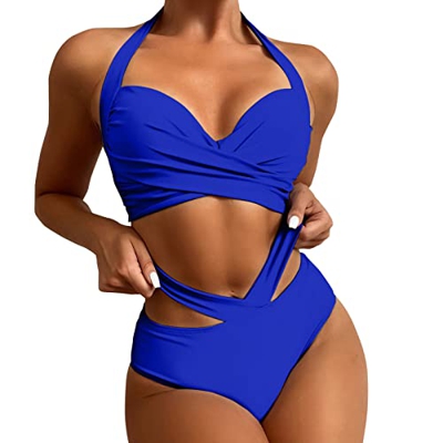 Bikini de verano para mujer, cintura alta, envoltura al cuello, bikini, ropa de playa, traje de baño de dos piezas, push up, bikini sexy, sujetador aj