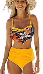 Bikinis Mujer Top con Volantes Braga de Color Liso Traje de Baño Cintura Alta Control de Barriga características