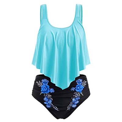 Niunu Bikini para mujer con parte superior de bikini, cintura alta, dos piezas, traje de baño, azul celeste, XL