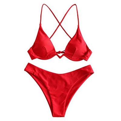 ZAFUL Conjunto de bikini para mujer con correa para el hombro, de un solo color, Rojo-5., S