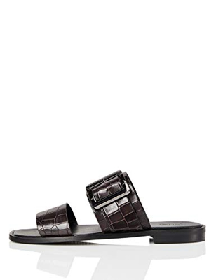 FIND Two Part Buckle Leather Sandalias de Punta Descubierta, Marrón (Bitter Choc Croc), 37 EU