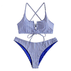 Zaful Bikini sexy en forma de V con tirante fino y diseño de rayas azul S características