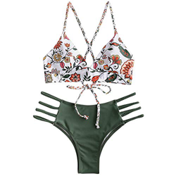 Conjunto de bikini Zaful para mujer compuesto por dos piezas con sujetador ajustable en la espalda y efecto realzador, escote triangular y estampado d características