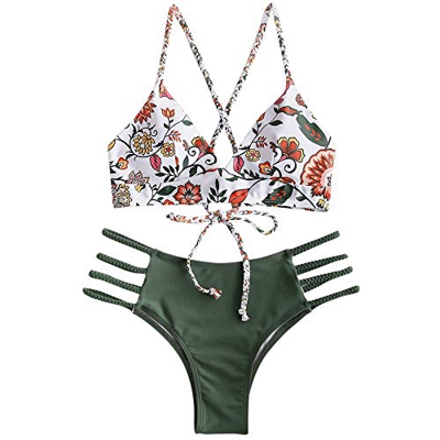 Conjunto de bikini Zaful para mujer compuesto por dos piezas con sujetador ajustable en la espalda y efecto realzador, escote triangular y estampado d
