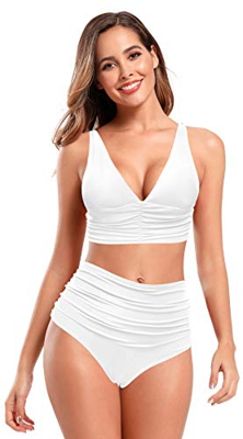 SHEKINI Traje de baño de Dos Piezas Mujer V-Cuello Halter Ajustable Chaleco Bikini Top Bikini Dos Piezas Bañador Retro Ruched Cintura Alta Parte Infer