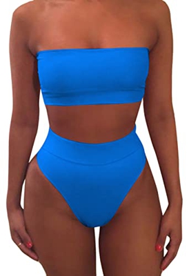 Viottiset Bandeau Top Desprendible Correa Envoltura Push Up Acolchado Cintura Alta Bikini Set Traje de baño Sexy Deep Blue XL