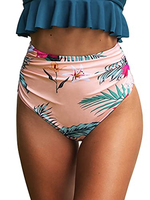 CUPSHE Bikini de cintura alta para mujer, con fruncido, estampado tropical, multicolor, S