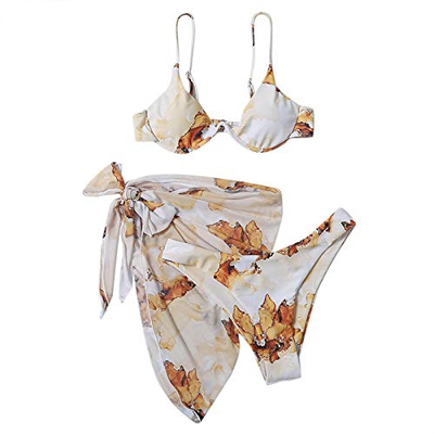 VODMXYGG Bikinis Mujer Bikini Sets Halter Bikini Bañador Vacaciones Bikini de 3 Piezas con Falda Floral (Estampado no posicional)