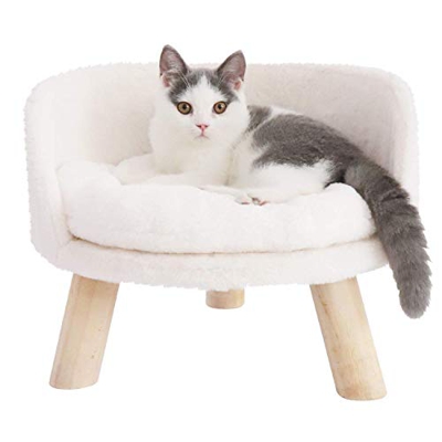 BingoPaw Cama Elevada para Gatos, Sofá para Mascotas con Respaldo, Taburete Cama Gato con Cojín Cómodo y Patas de Madera, para Gatos Perros Pequeños
